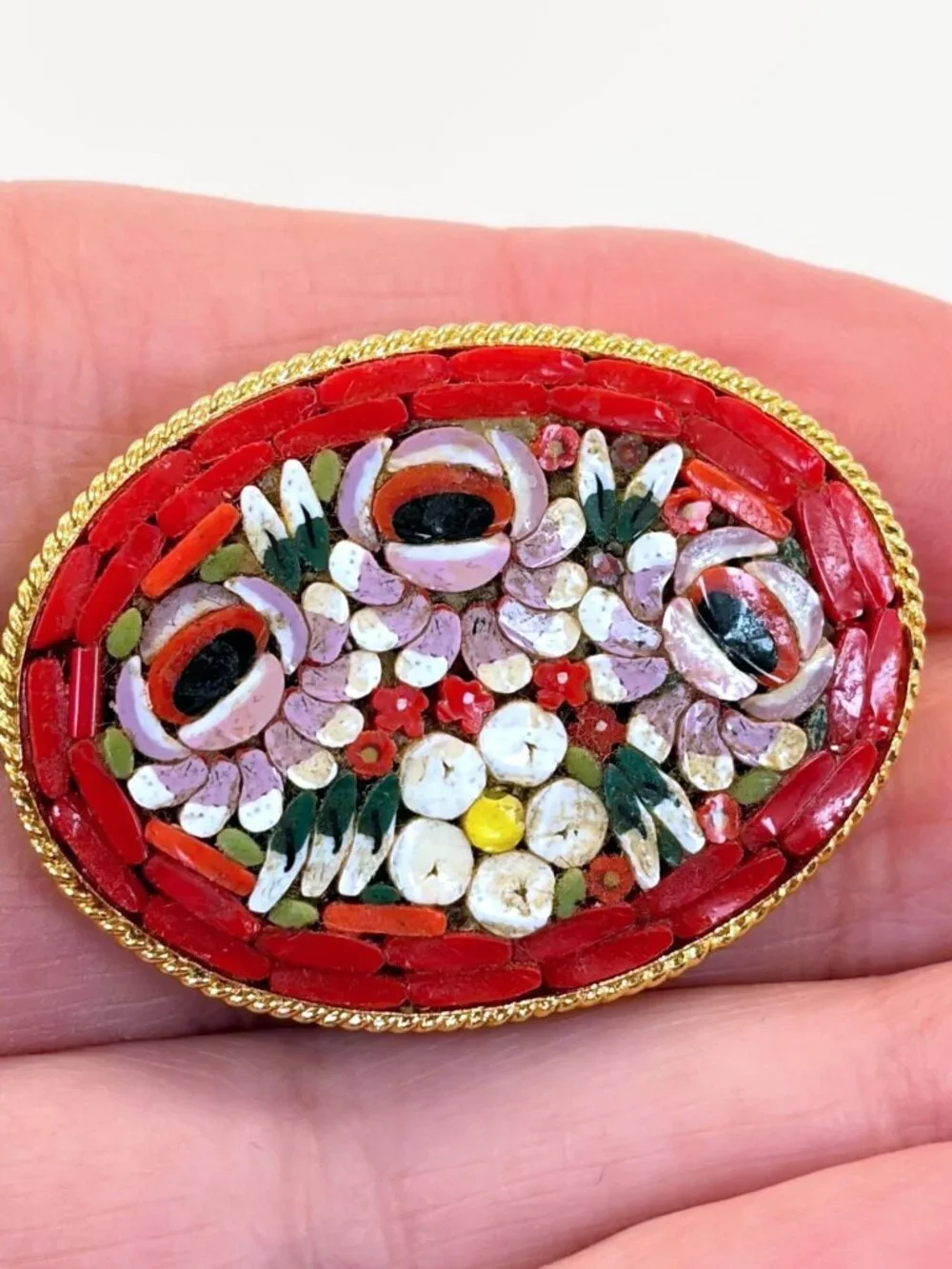 Micro Mosaic Brooch, Vintage, Flowers, Red, Pink, Brooch, Gold Tone, Italy